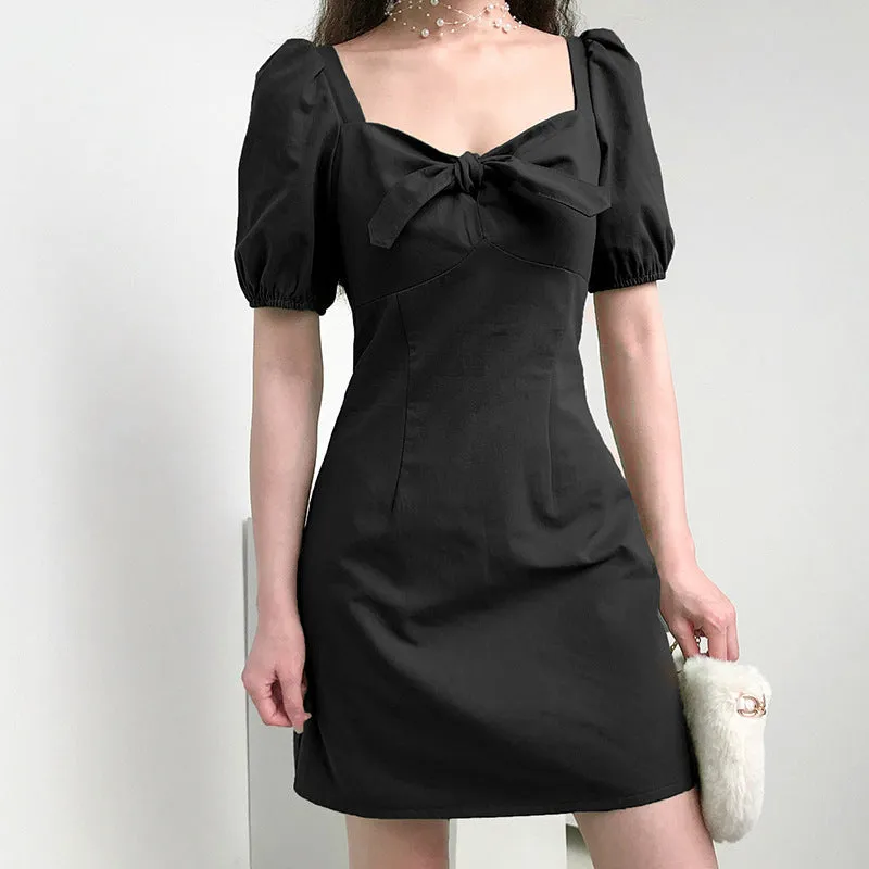 "YELLOW/BLACK/BLUE BOWKNOT PUFF SLEEVE" DRESS N051305