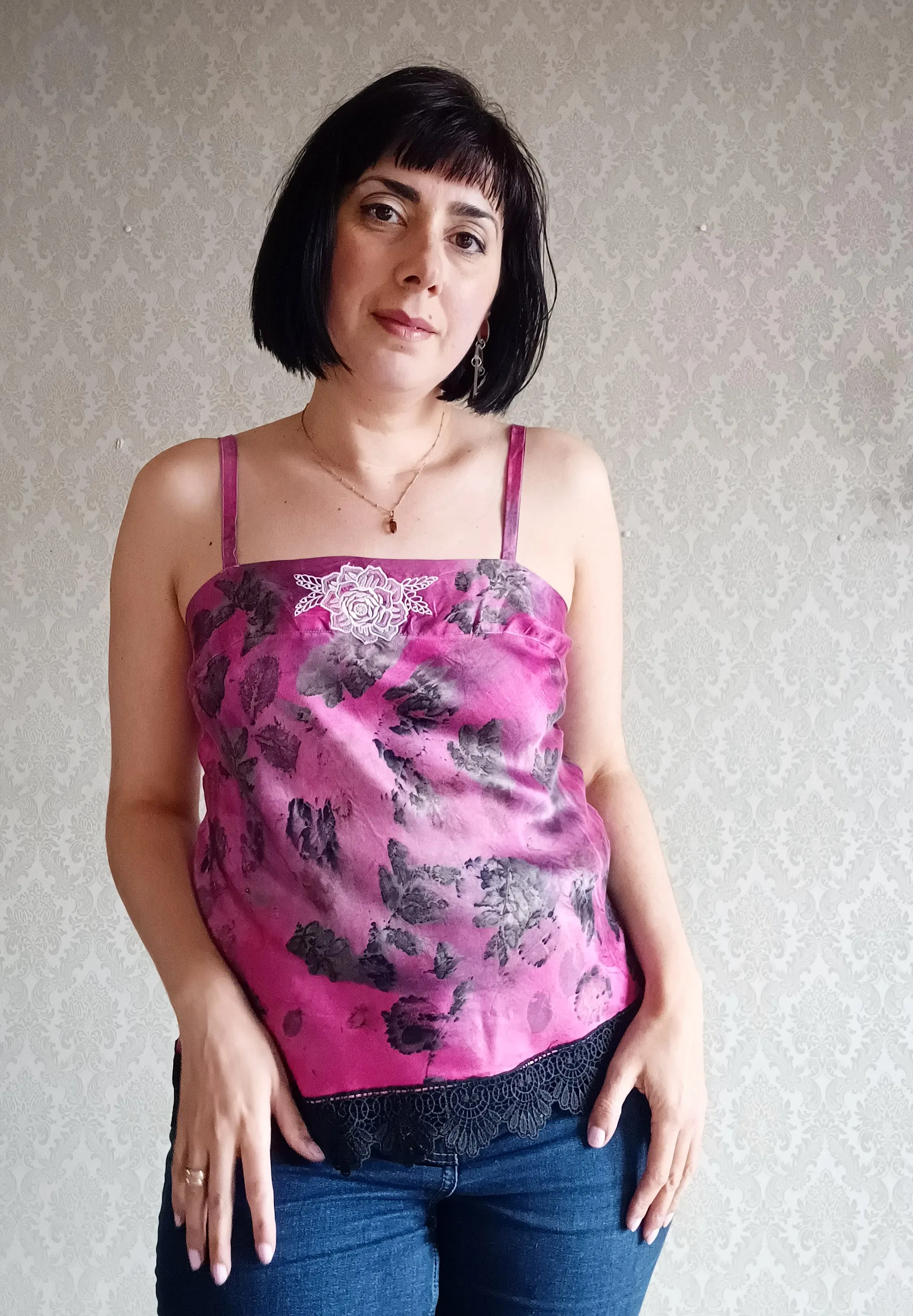 Raspberry Rose Eco Print Vintage Silk Camisole