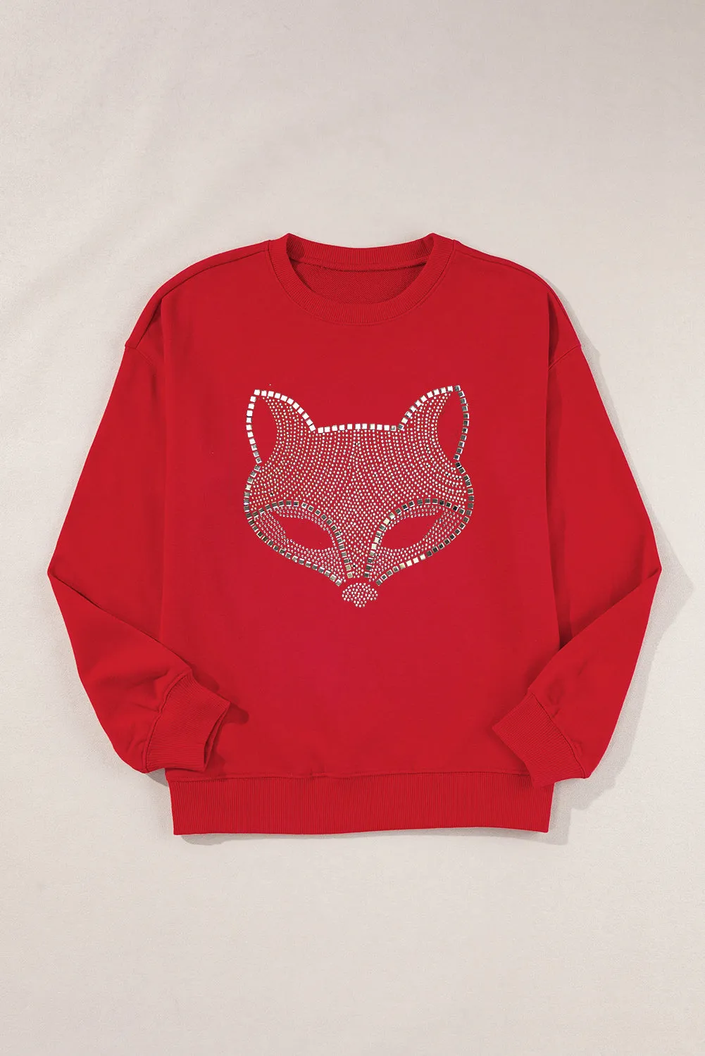 Red Rhinestone Fox Drop Shoulder Pullover Sweatshirt