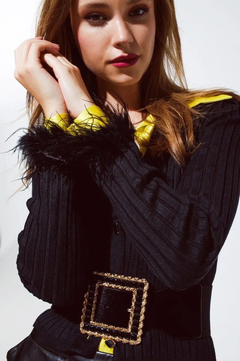 Ribbed Cardigan with Feather Accents and Gold Button Details
