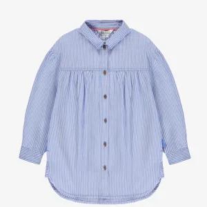 Robe chemise blanche et bleu lignée à manches longues en coton léger, enfant || White and blue striped shirt dress with long sleeves in soft cotton, child
