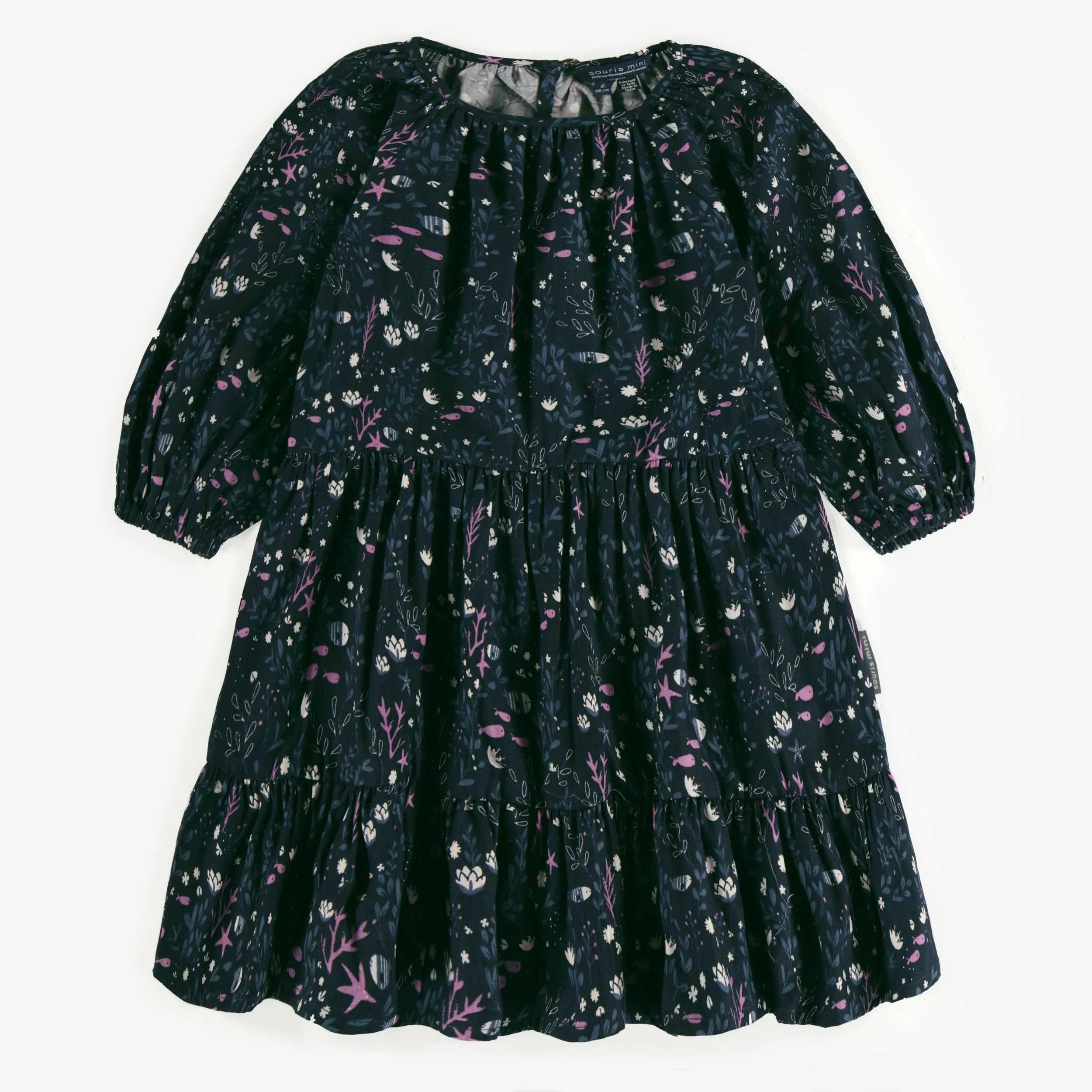 Robe marine avec motif des fonds marins en viscose, enfant || Navy dress with seabed print in viscose, child