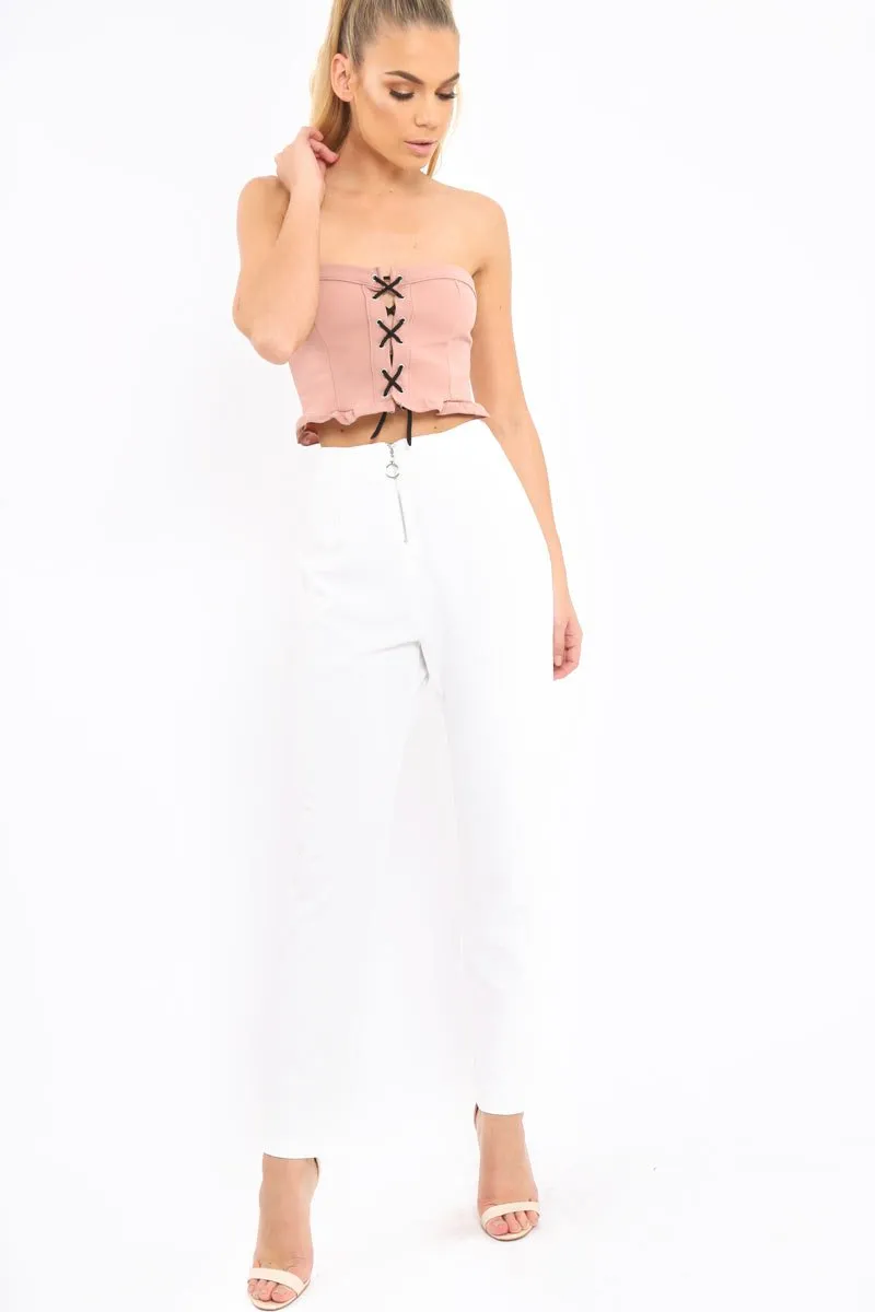 Rose Lace Up Front Frill Bandeau Crop Top - Cyndi