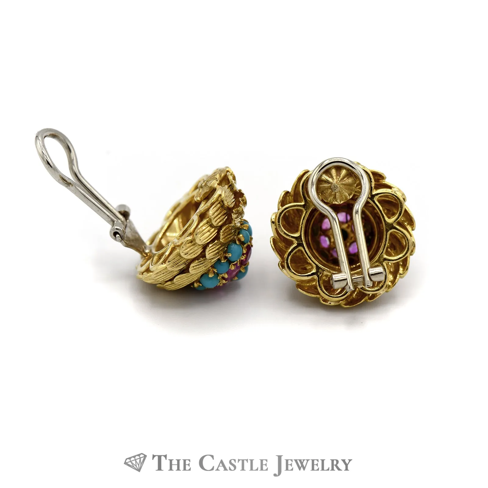 Round Feather Designed Earrings with Rubies & Turquoise in 18k Yellow Gold