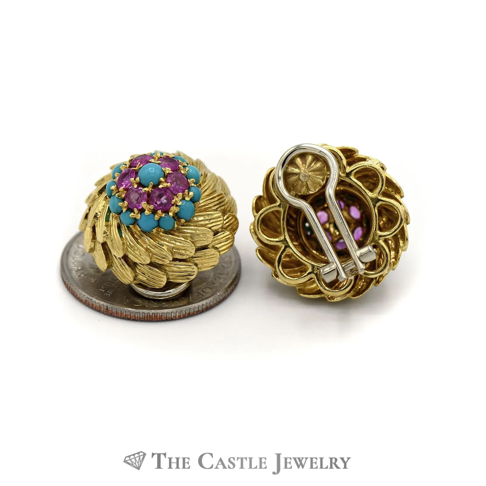 Round Feather Designed Earrings with Rubies & Turquoise in 18k Yellow Gold