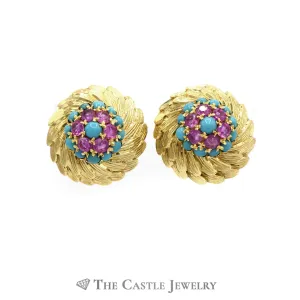 Round Feather Designed Earrings with Rubies & Turquoise in 18k Yellow Gold
