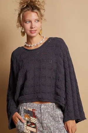 ROUND NECK CABLE KNIT CROPPED SWEATER (Charcoal)