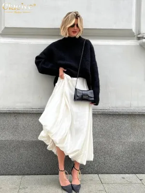 Satin Skirts For Women Elegant High Waist Ankle-Length Casual Loose