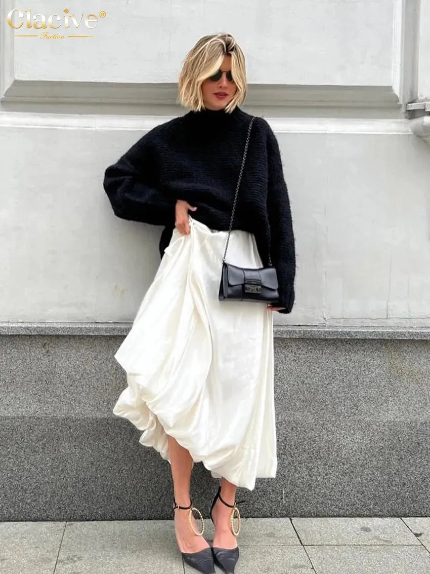 Satin Skirts For Women Elegant High Waist Ankle-Length Casual Loose
