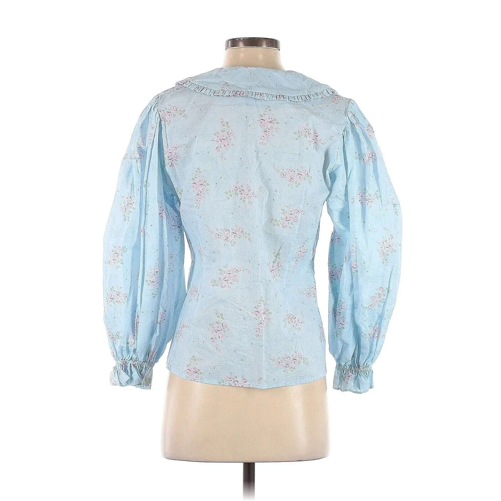 Selkie Women's Blue Floral Meadow Blouse – 3/4 Puff Sleeve, Collared – Size Small