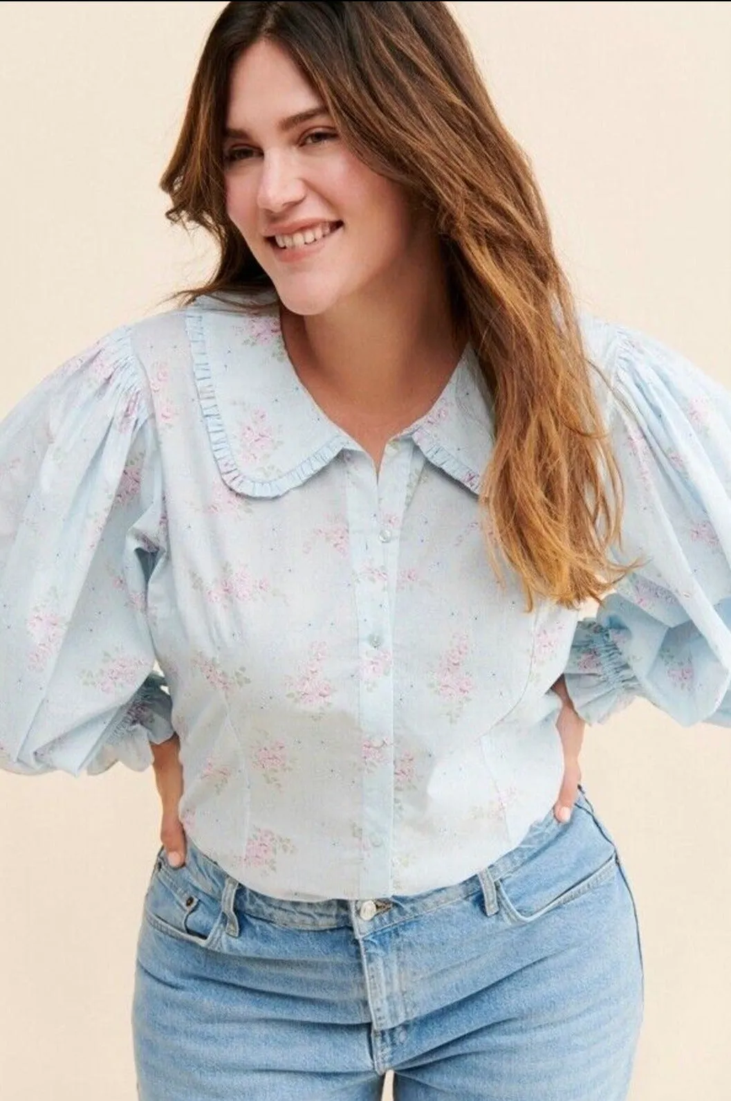 Selkie Women's Blue Floral Meadow Blouse – 3/4 Puff Sleeve, Collared – Size Small