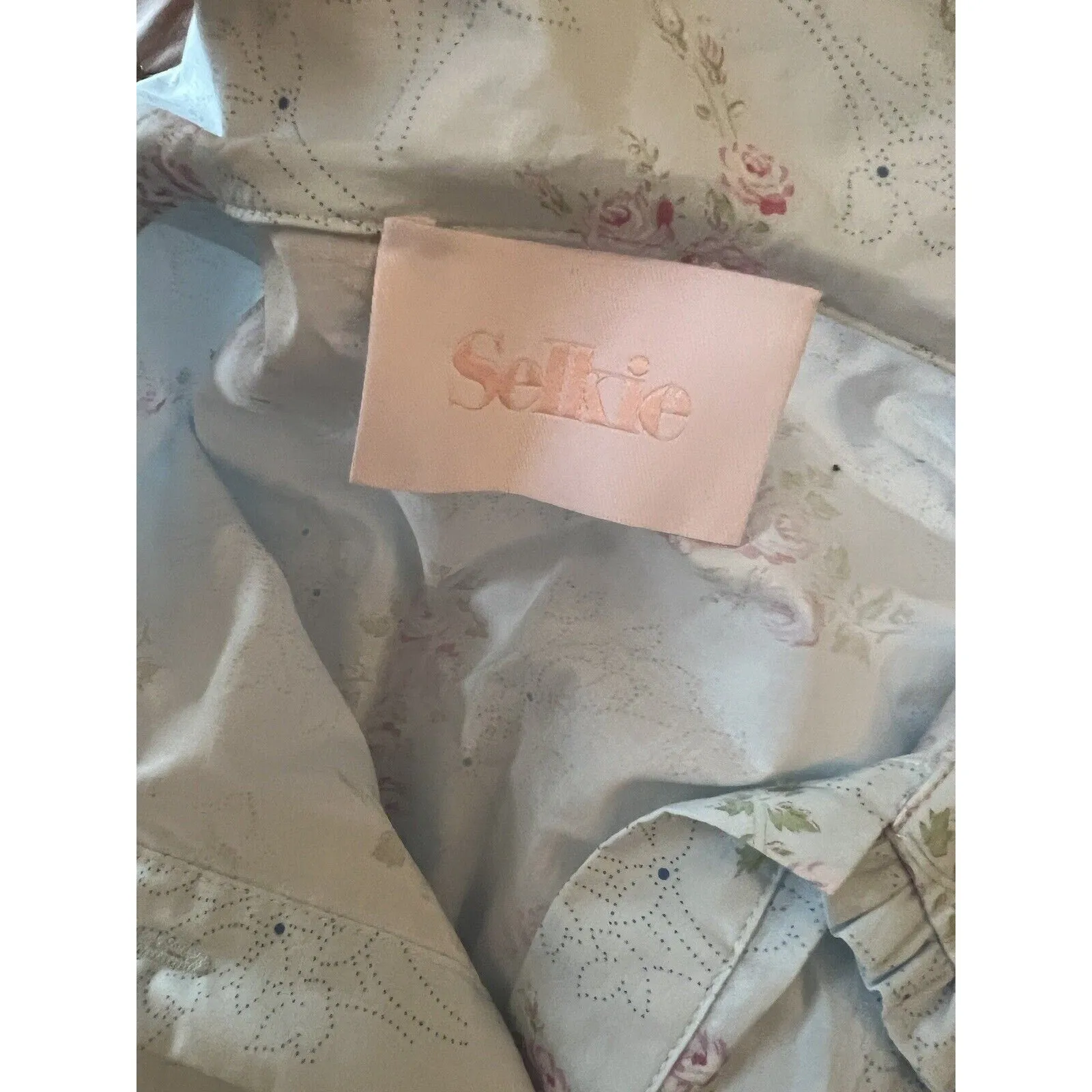 Selkie Women's Blue Floral Meadow Blouse – 3/4 Puff Sleeve, Collared – Size Small