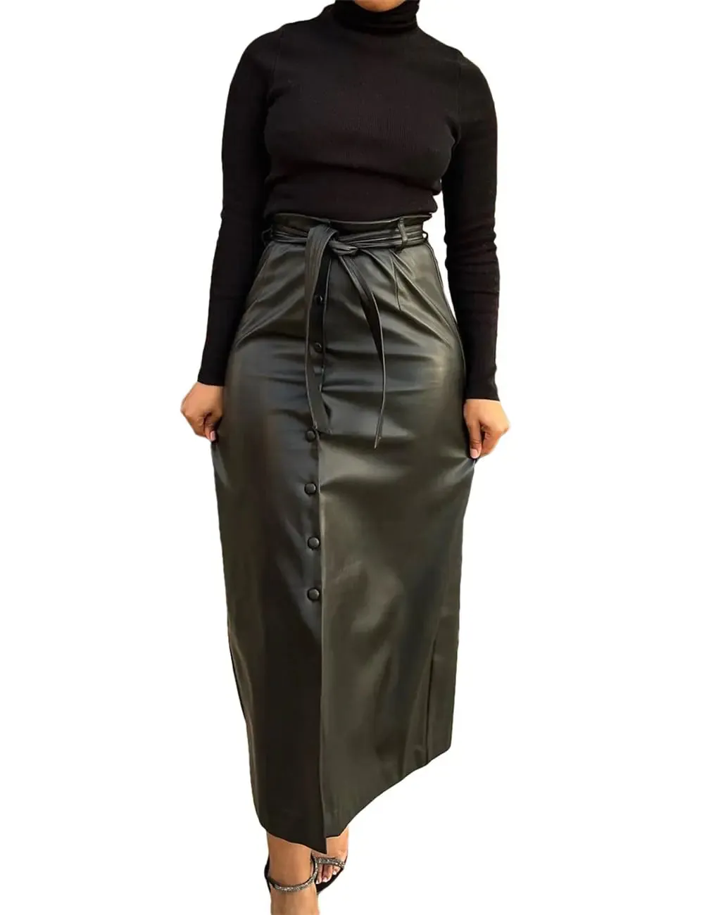 Shiyinvie Womens Faux Leather Skirt Elegant High Waist Pencil Skirts with Wrap Leather Skirts for Women High Waisted Leather Skirt High Waisted Faux Leather Skirt (Black S)