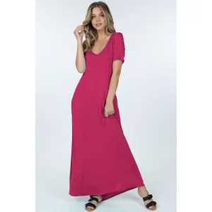 Short Sleeve V-Neck Maxi Dress-Fuchsia