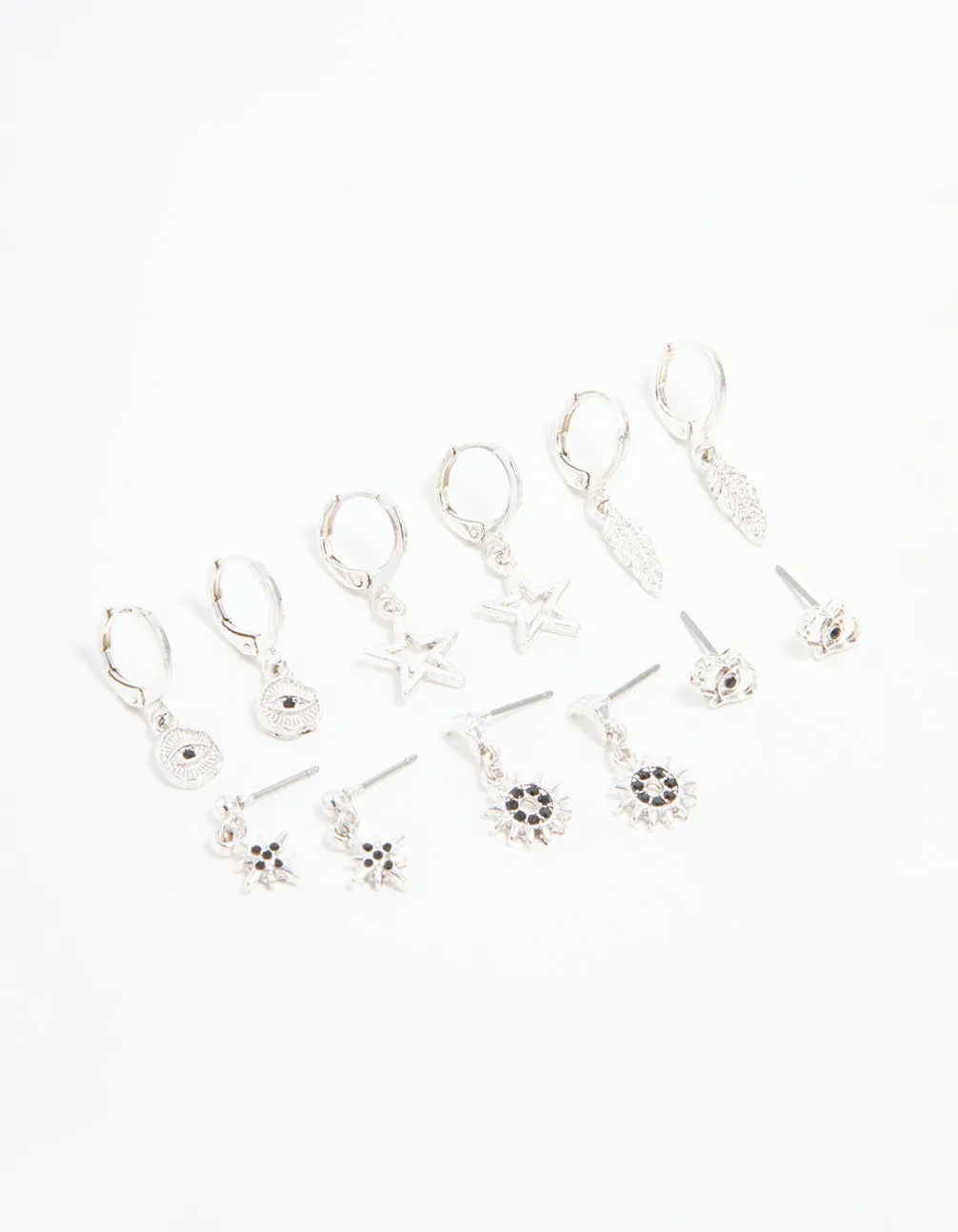 Silver Celestial & Feather Huggie Earrings 6-Pack