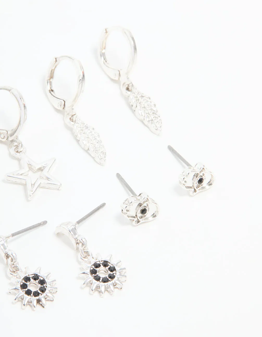 Silver Celestial & Feather Huggie Earrings 6-Pack