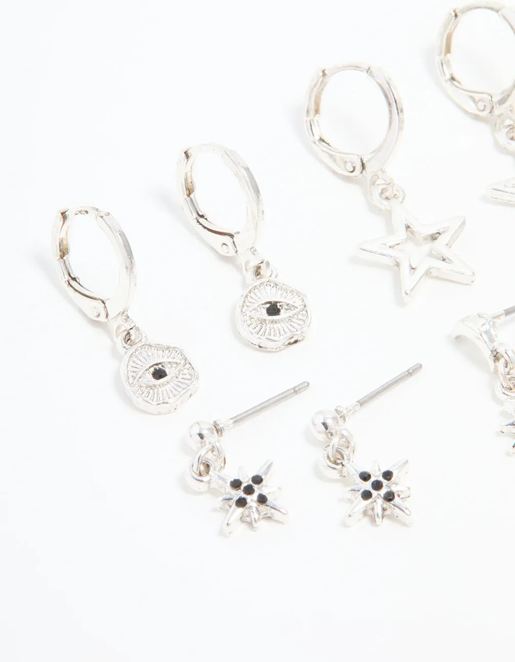 Silver Celestial & Feather Huggie Earrings 6-Pack