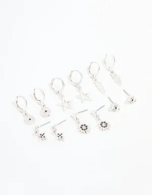 Silver Celestial & Feather Huggie Earrings 6-Pack