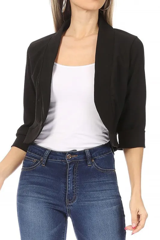 Solstice Cadence Cropped Blazer Solid, waist length, collarless blazer cardigan