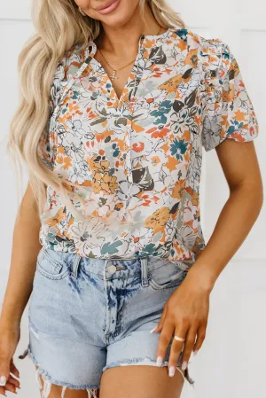 Split V Neck Puff Sleeve Flower Print Blouse