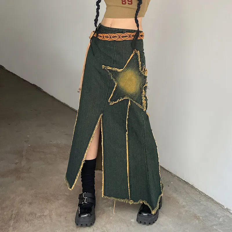 Star Power Fringe Hem Denim Maxi Skirt