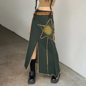 Star Power Fringe Hem Denim Maxi Skirt