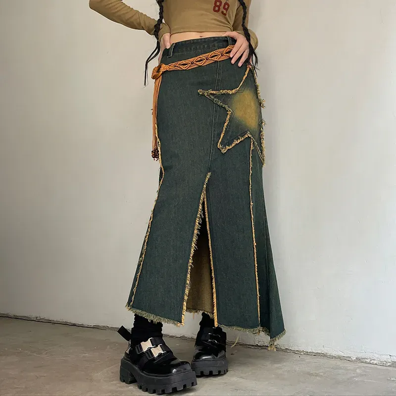 Star Power Fringe Hem Denim Maxi Skirt