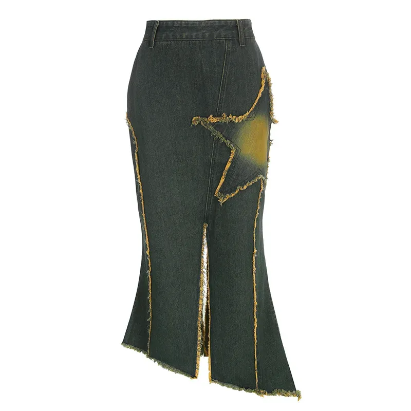 Star Power Fringe Hem Denim Maxi Skirt