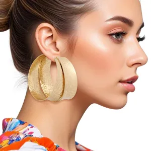 Statement Gold Hoop Earrings - Dual Texture Wide C-Hoops