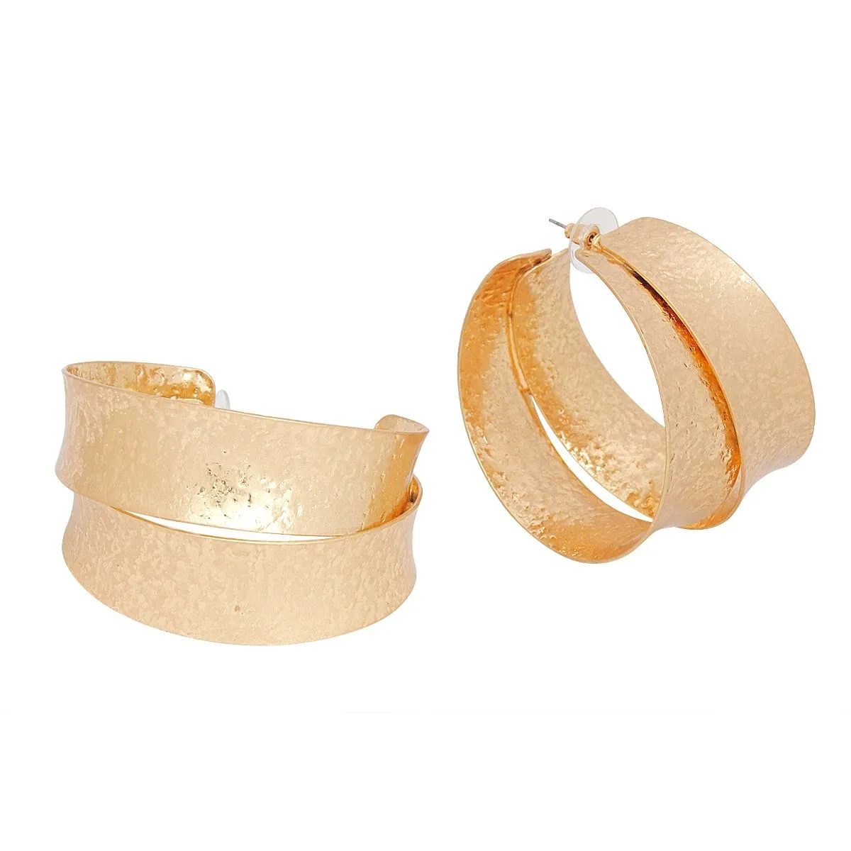 Statement Gold Hoop Earrings - Dual Texture Wide C-Hoops