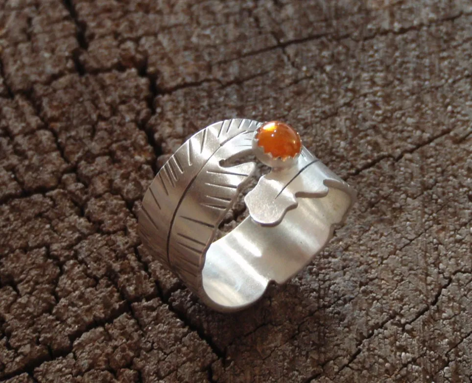 Sterling silver wide feather ring with Citrine birthstone