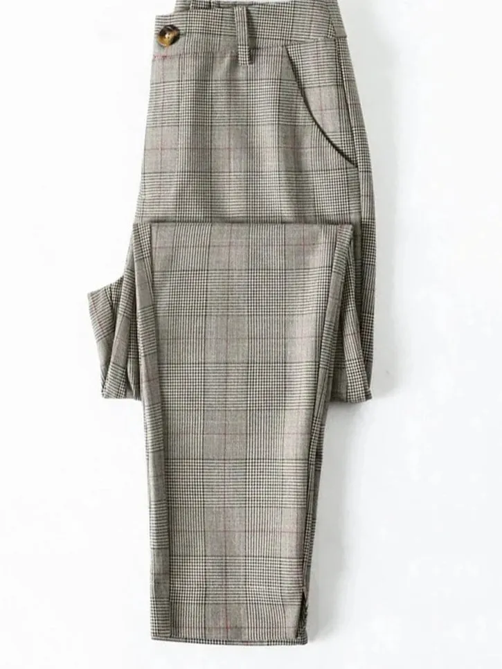 Straight  Plaid Split Formal Baggy Spodnie