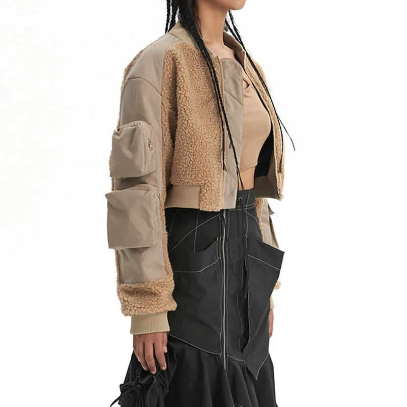 Stylish Patchwork Lamb Wool Multi-Pocket Cropped Winter Jacket