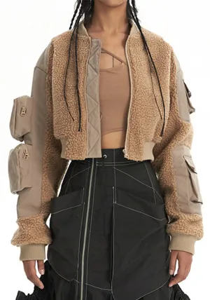 Stylish Patchwork Lamb Wool Multi-Pocket Cropped Winter Jacket