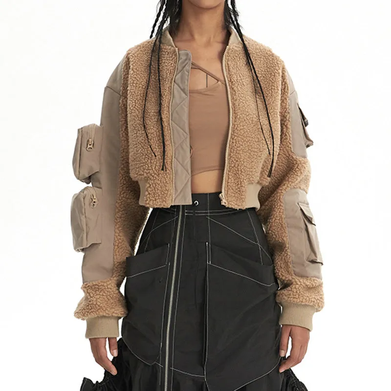 Stylish Patchwork Lamb Wool Multi-Pocket Cropped Winter Jacket
