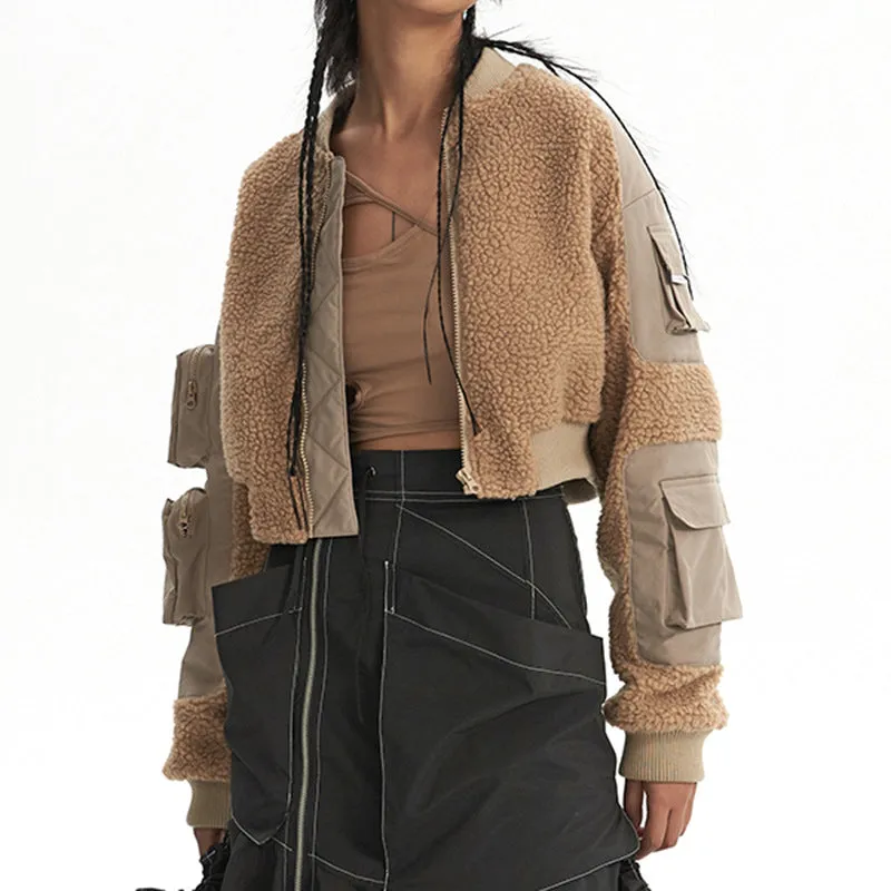 Stylish Patchwork Lamb Wool Multi-Pocket Cropped Winter Jacket