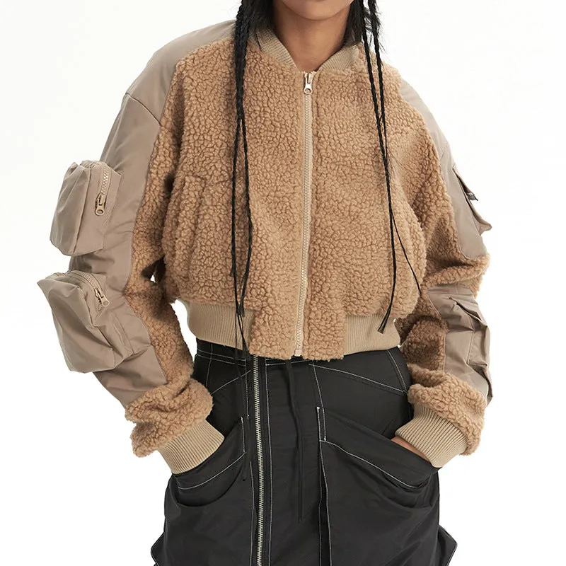 Stylish Patchwork Lamb Wool Multi-Pocket Cropped Winter Jacket