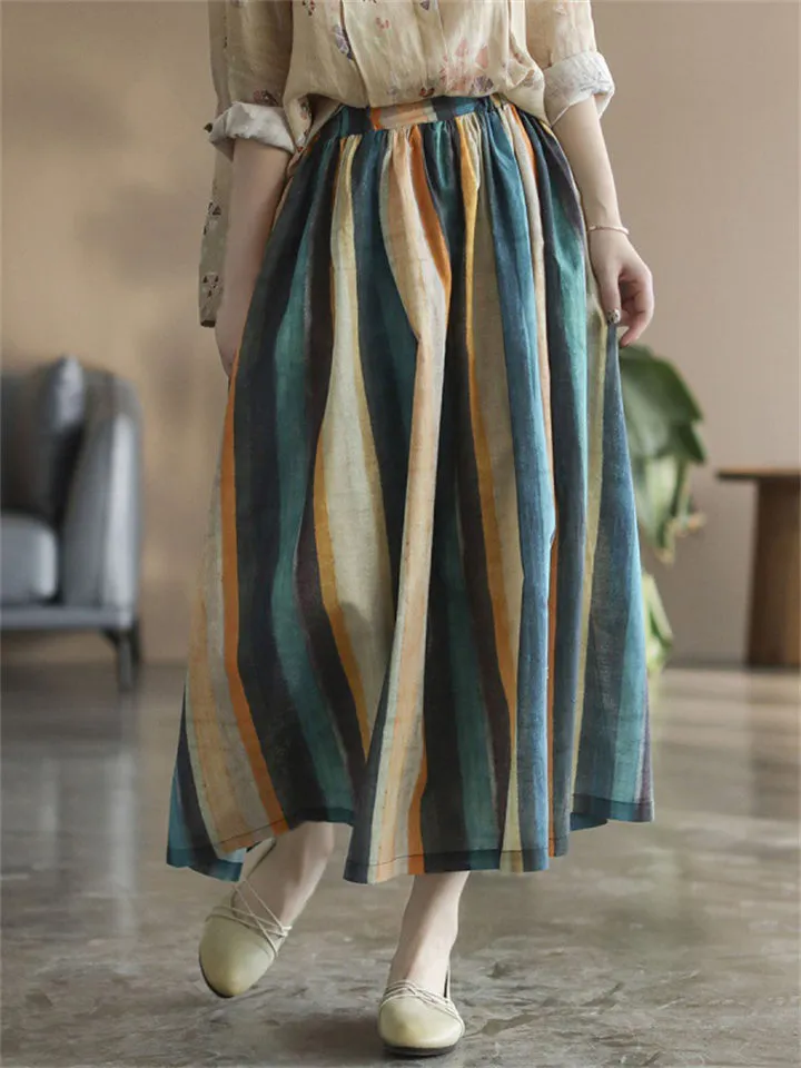 Summer Holiday Contrast Color Stripe Swing Skirt for Women
