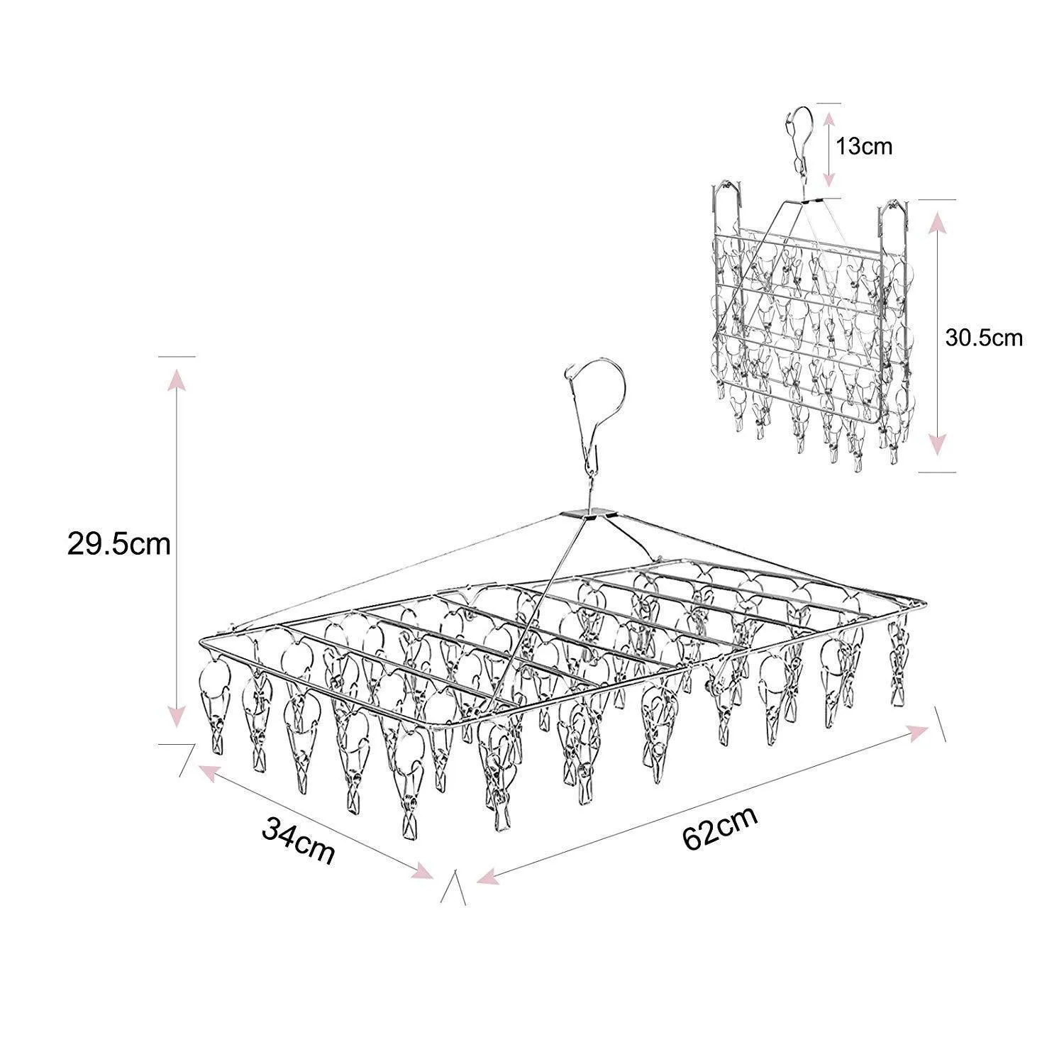 TINYUNICORN 52 Clips Metal Clothespins, Folding Stainless Steel Clothes Drying Rack, Portable Metal Hanger, Great for Quick Hand Wash of Delicates