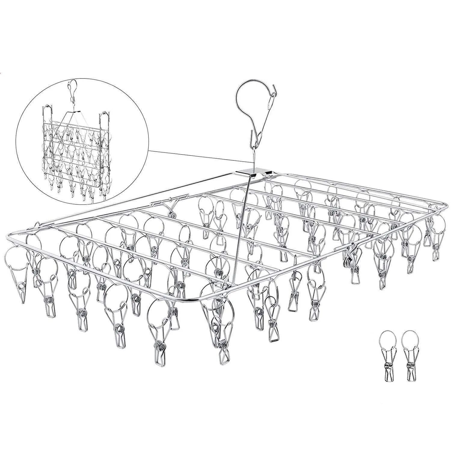 TINYUNICORN 52 Clips Metal Clothespins, Folding Stainless Steel Clothes Drying Rack, Portable Metal Hanger, Great for Quick Hand Wash of Delicates