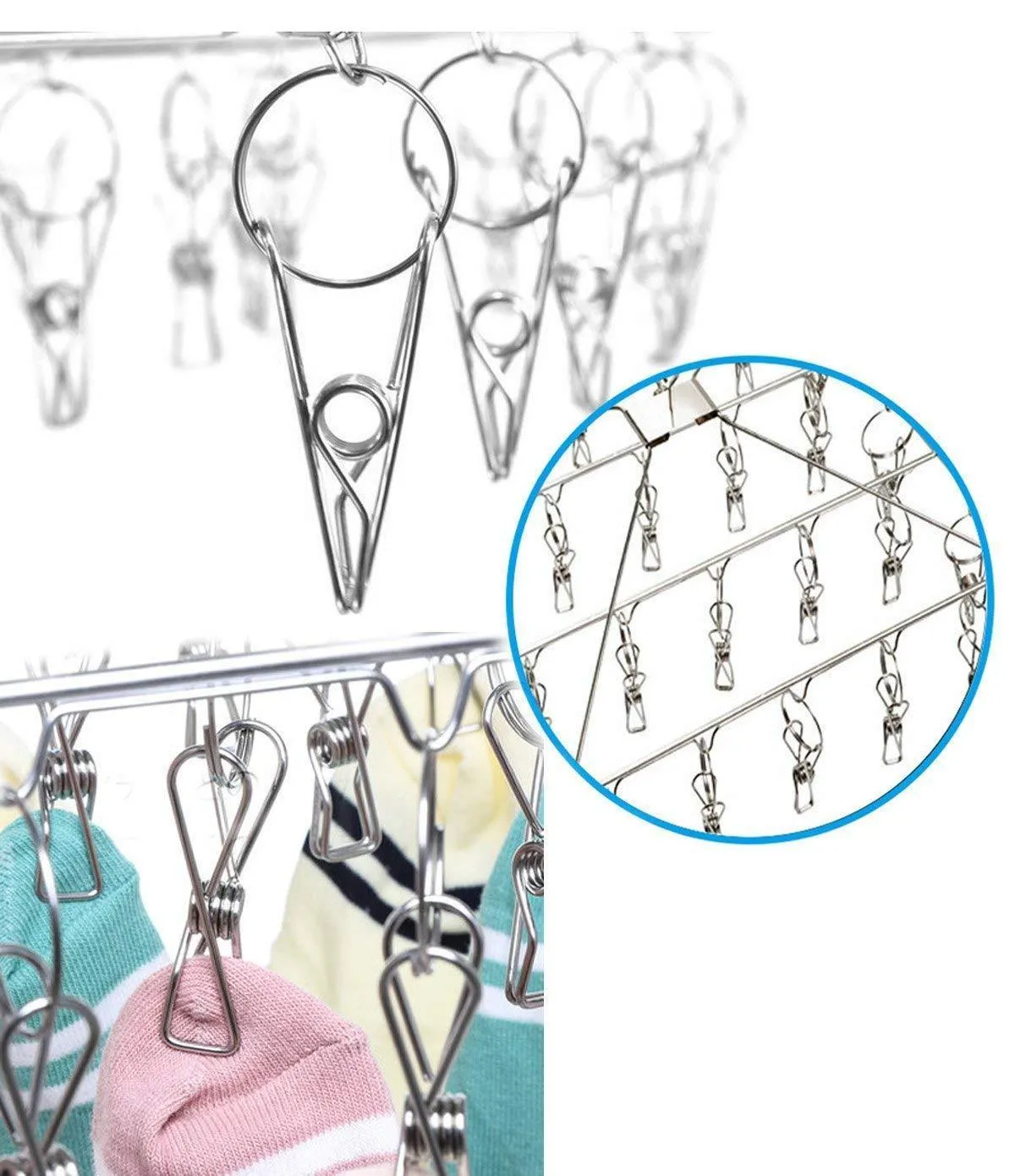TINYUNICORN 52 Clips Metal Clothespins, Folding Stainless Steel Clothes Drying Rack, Portable Metal Hanger, Great for Quick Hand Wash of Delicates