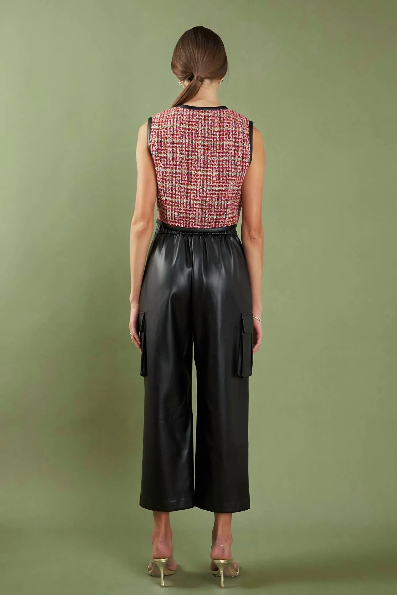 Tweed Vest With Leather Trim In Multi