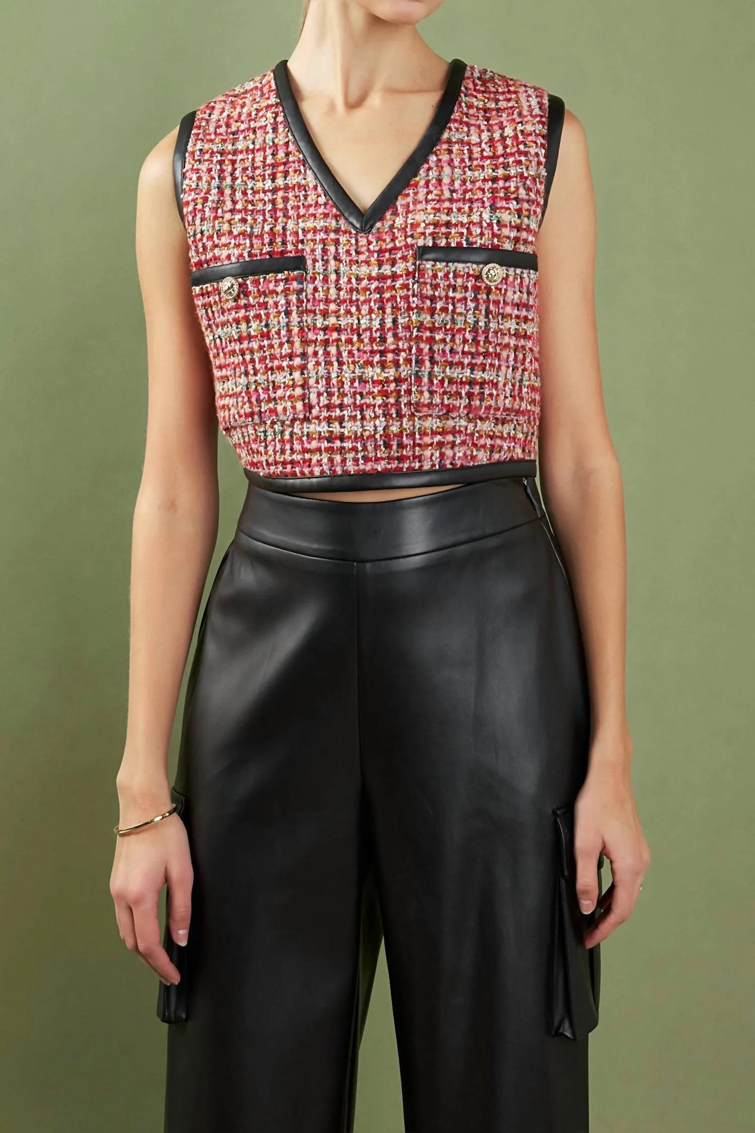 Tweed Vest With Leather Trim In Multi