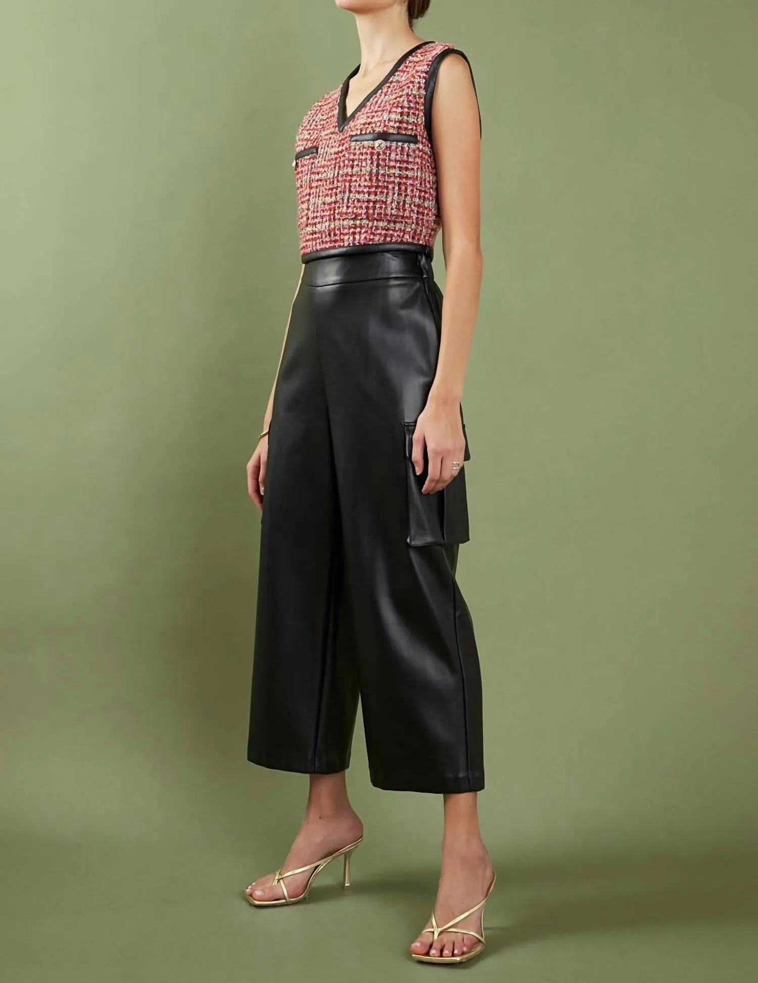 Tweed Vest With Leather Trim In Multi