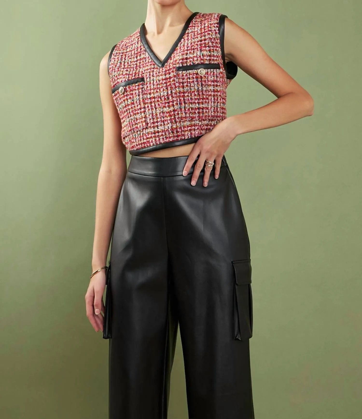 Tweed Vest With Leather Trim In Multi