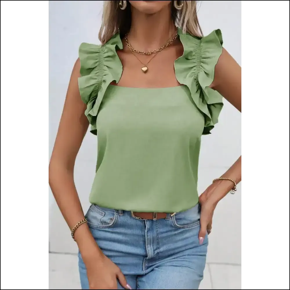 Unleash your Inner Fashionista with our Ruffled Square Neck Tank Top! 😄✨