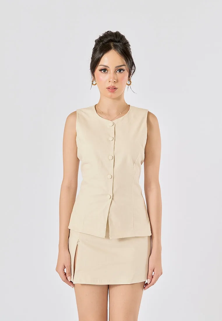 Vanaia Beige Elastic Back Waist Side Zipper Mini Skirt