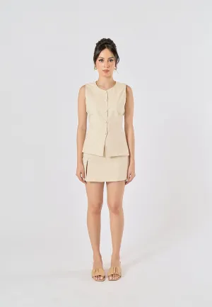Vanaia Beige Elastic Back Waist Side Zipper Mini Skirt