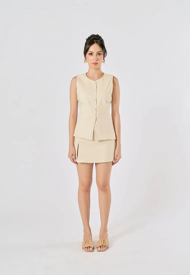 Vanaia Beige Elastic Back Waist Side Zipper Mini Skirt