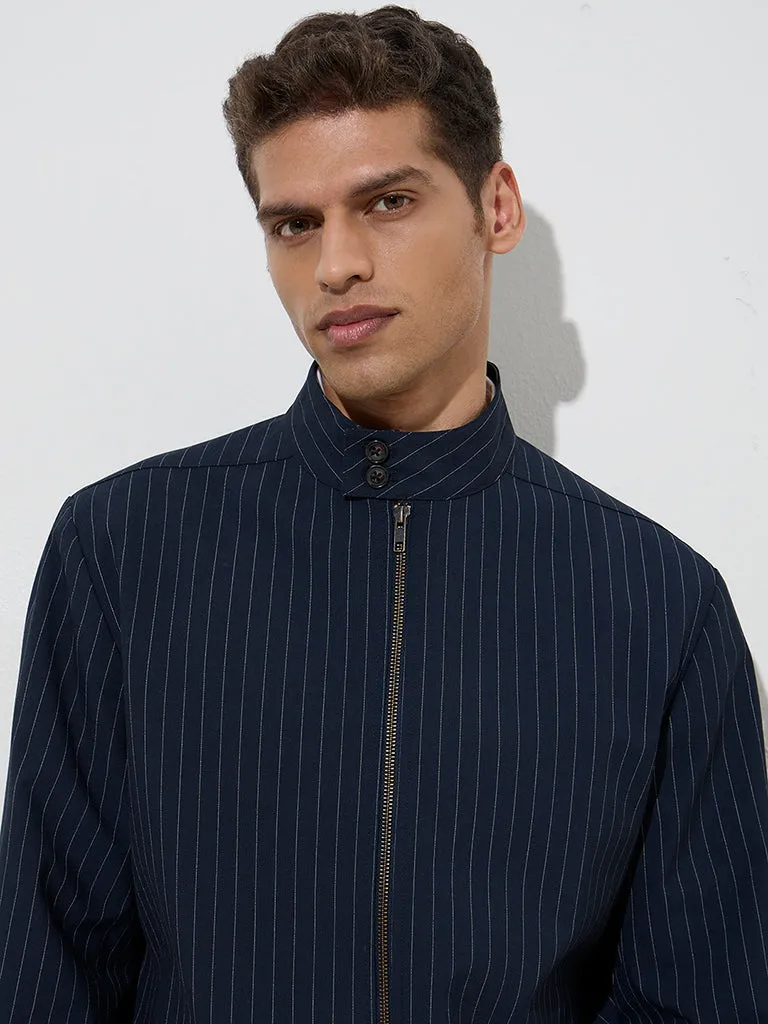 WES Formals Navy Pinstriped Slim-Fit Jacket